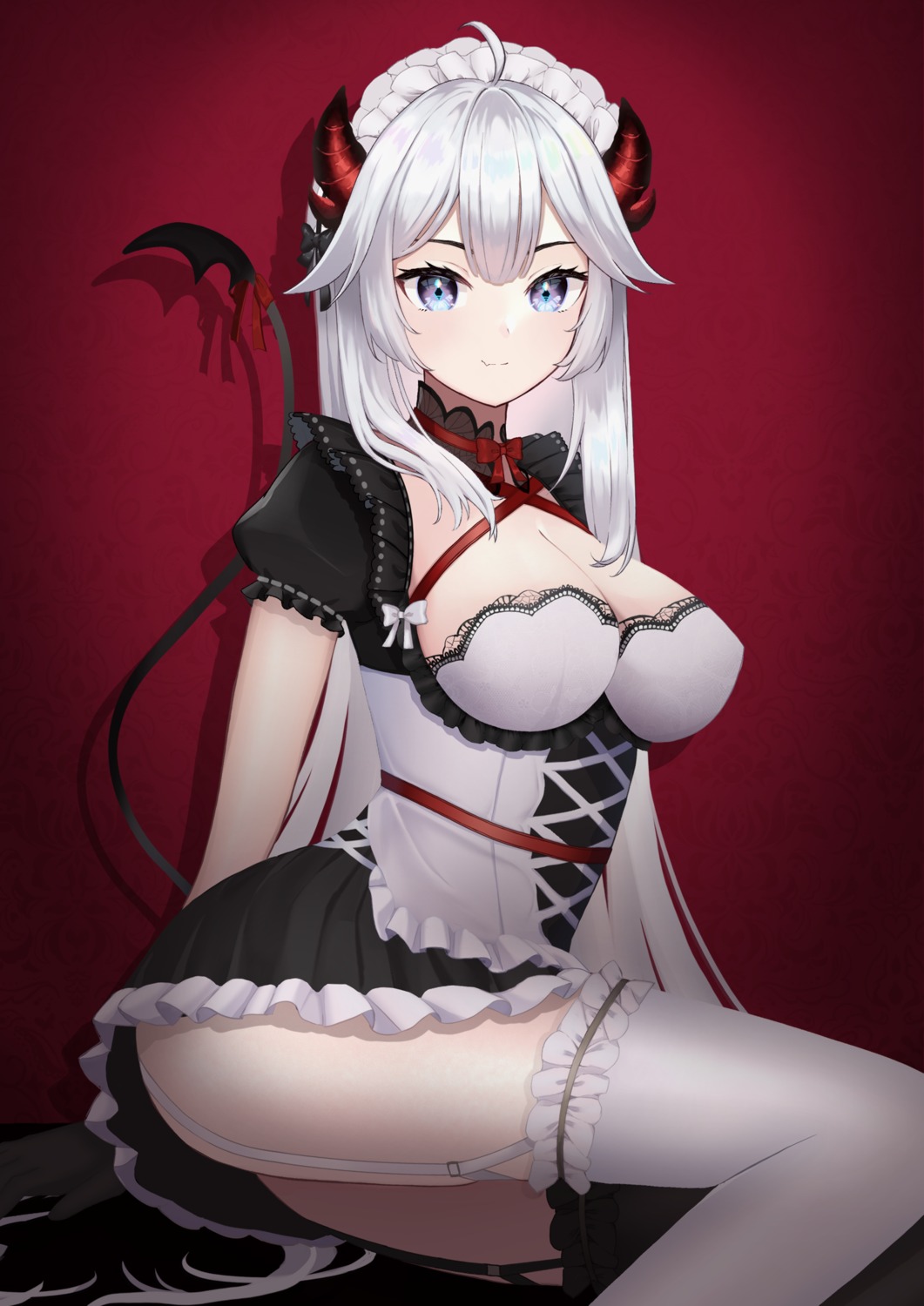 cleavage horns maid skirt_lift stockings tail thighhighs tomashiki veibae vshojo