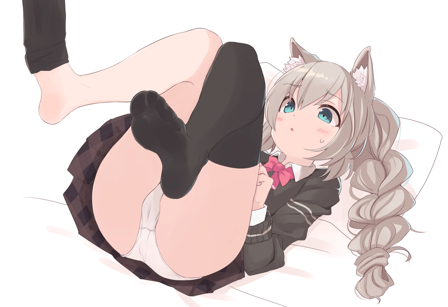 animal_ears cameltoe feet kahlua_(artist) pantsu seifuku skirt_lift sweater thighhighs