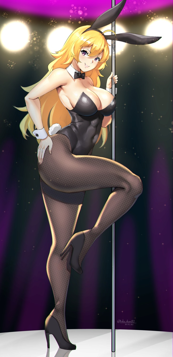 animal_ears bunny_ears bunny_girl fishnets heels lulu-chan92 no_bra pantyhose rwby yang_xiao_long