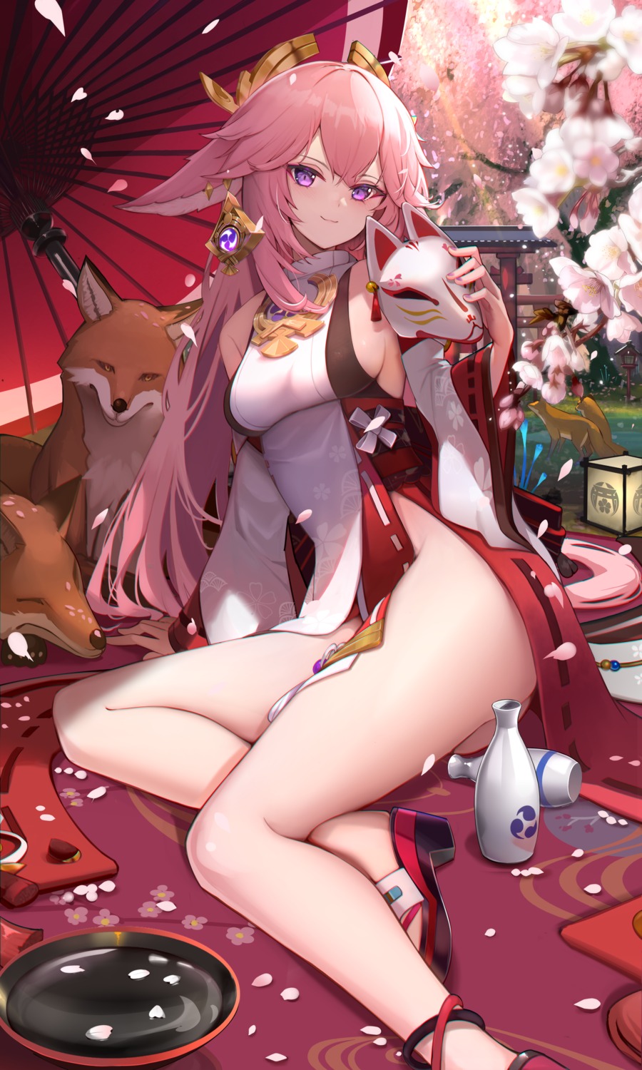 animal_ears genshin_impact hukahire0120 japanese_clothes kitsune no_bra nopan yae_miko