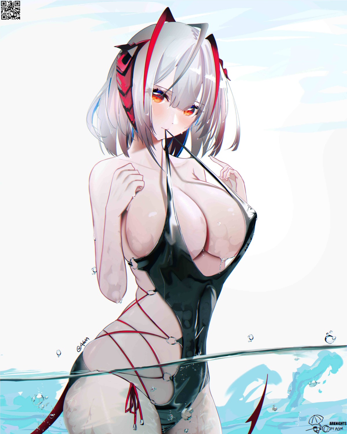 arknights erect_nipples horns omone_hokoma_agm swimsuits tail w_(arknights) wet