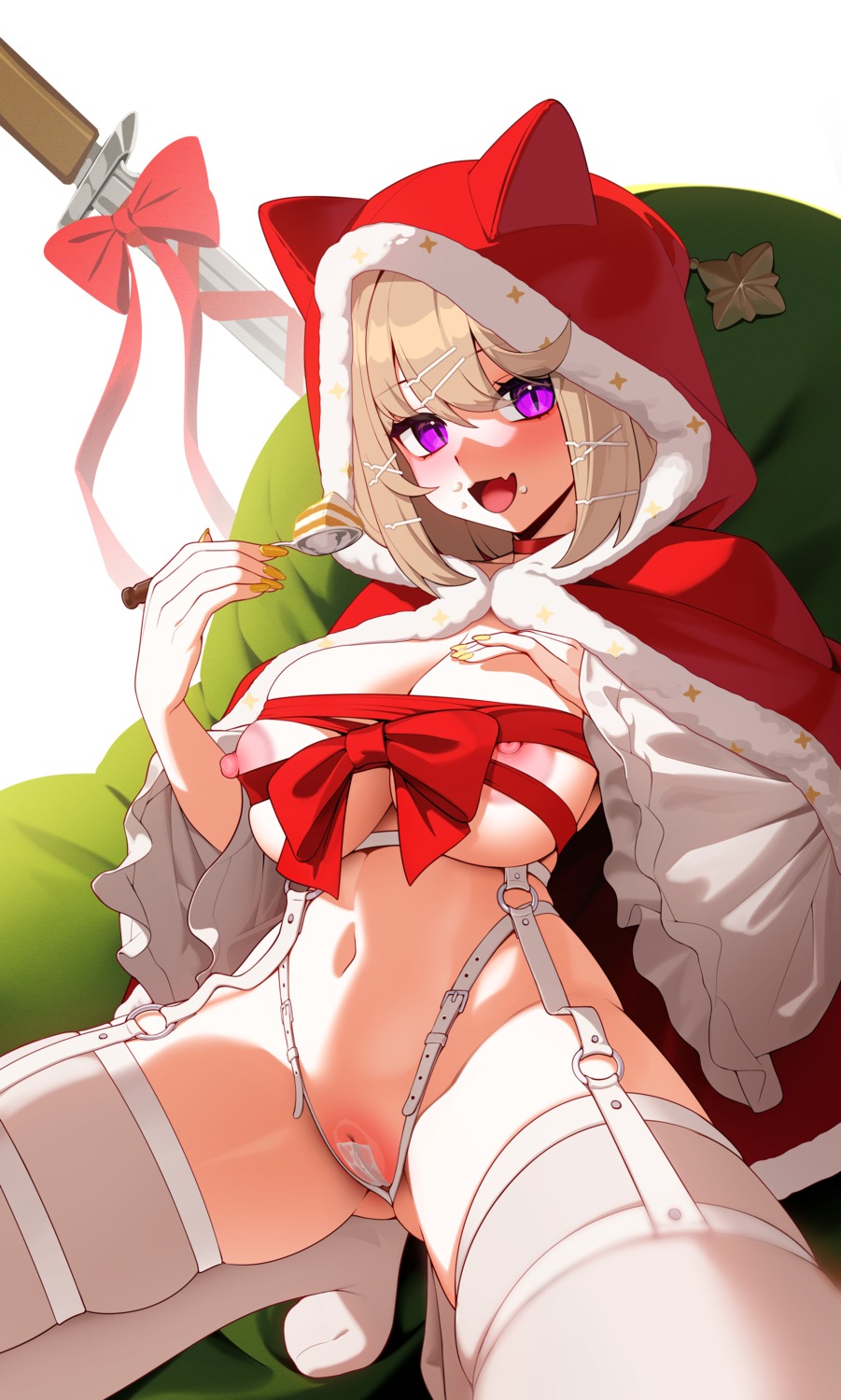 animal_ears arknights christmas cream ett garter garter_belt maebari naked_cape nipple_slip nipples pussy see_through stockings sword thighhighs uncensored utage_(arknights)