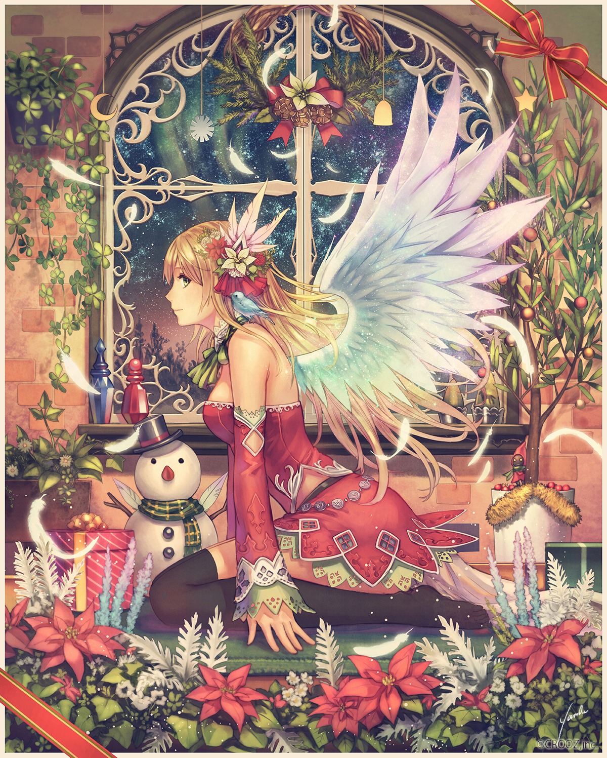 anbe_yoshirou christmas thighhighs wings