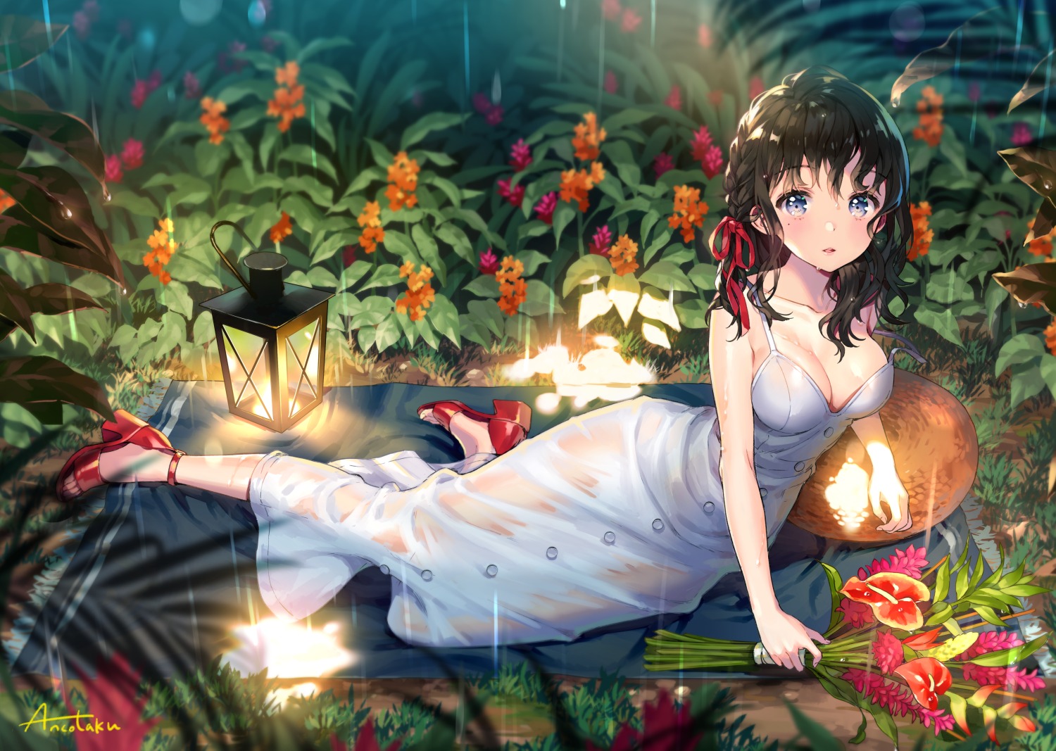 ancotaku dress heels see_through summer_dress wet wet_clothes