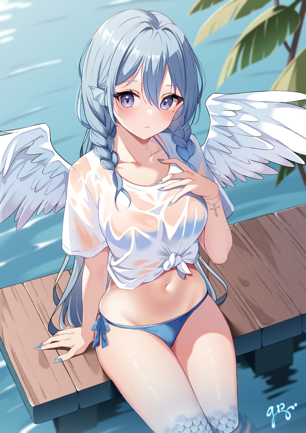 bikini guri_(gri1211) iris_lucen light_up mermaid monster_girl see_through swimsuits wet wet_clothes wings