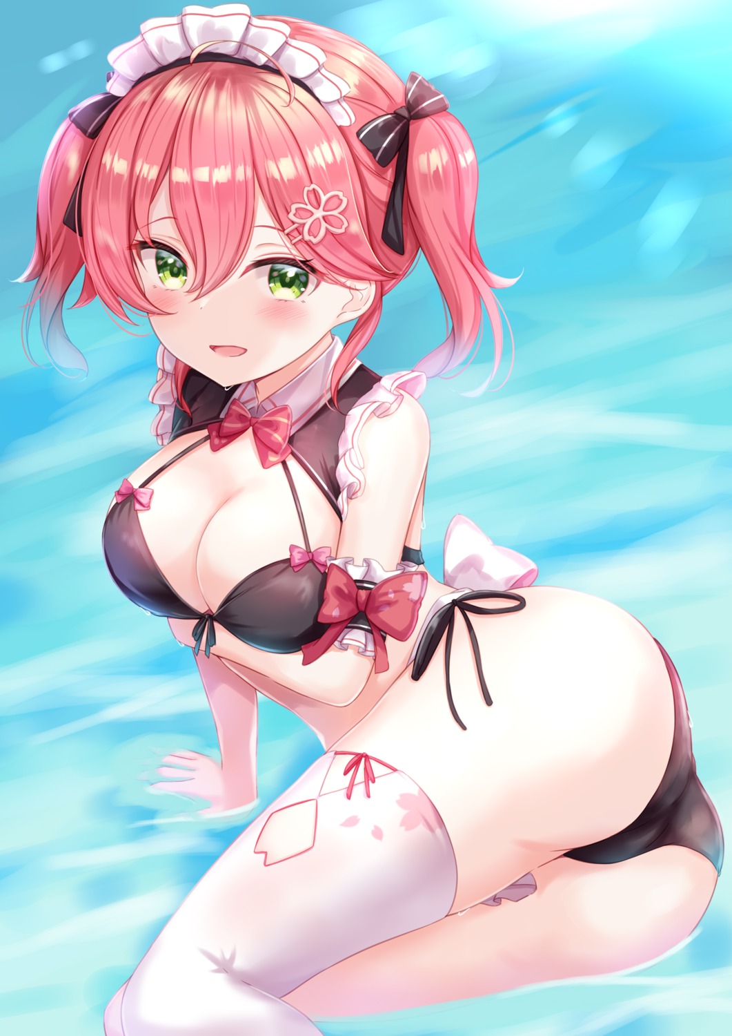 ass bikini breast_hold hololive maid sakura_miko swimsuits thighhighs wet yuano