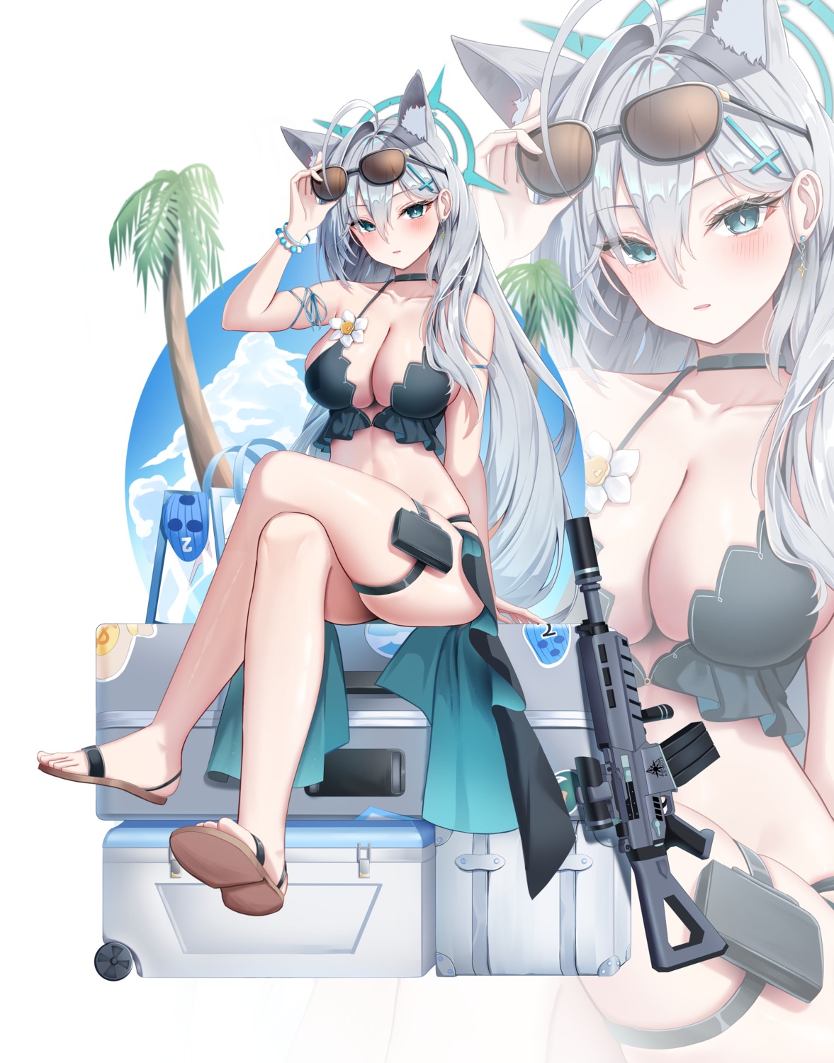 animal_ears bikini blue_archive garter gun halo li_se megane nekomimi shiroko_terror sunaookami_shiroko swimsuits