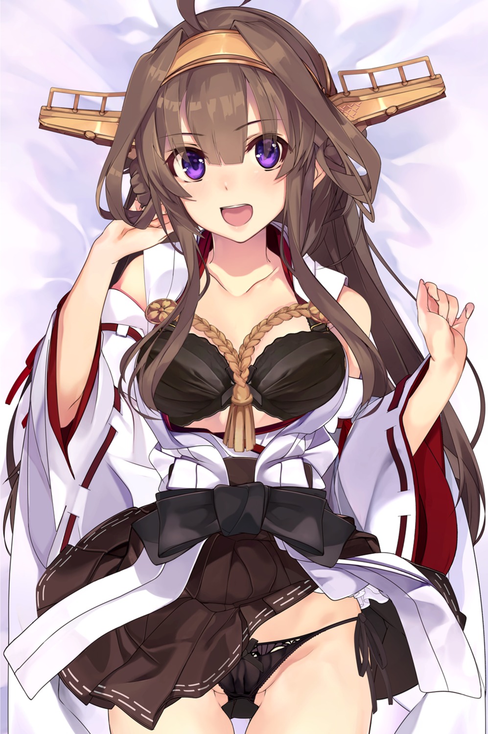 bra japanese_clothes kantai_collection kongou_(kancolle) open_shirt pantsu shirokitsune skirt_lift