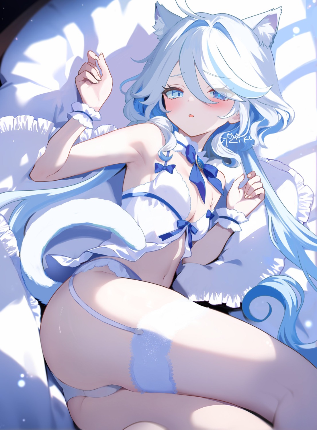 animal_ears furina garter genshin_impact heterochromia lingerie nekomimi pantsu rrr_gns_(riuriu_1212) tail thong