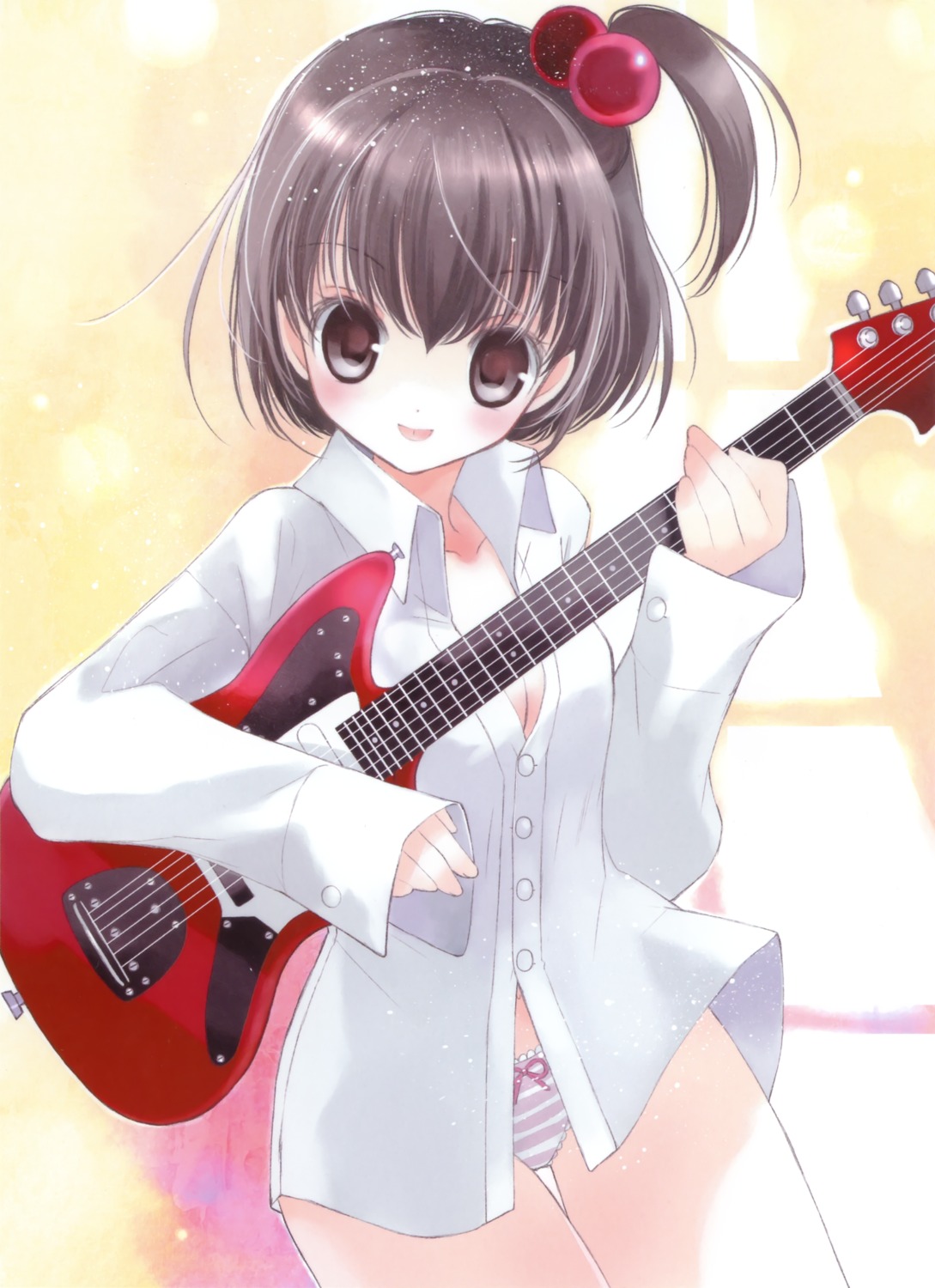 cleavage dress_shirt guitar no_bra pantsu rami shimapan