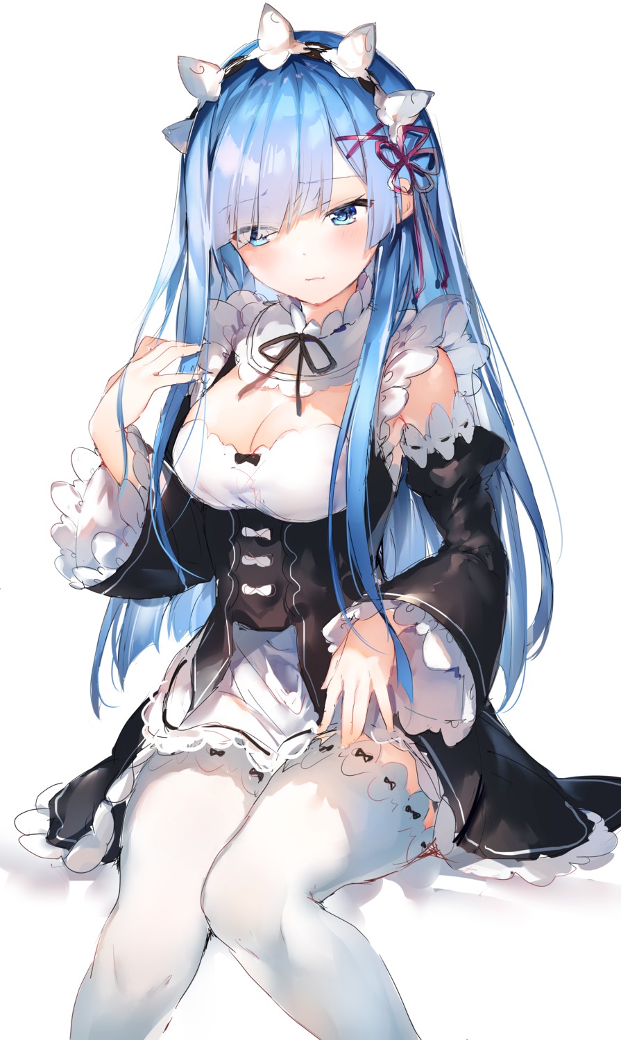 cleavage maid re_zero_kara_hajimeru_isekai_seikatsu rem_(re_zero) thighhighs umibouzu