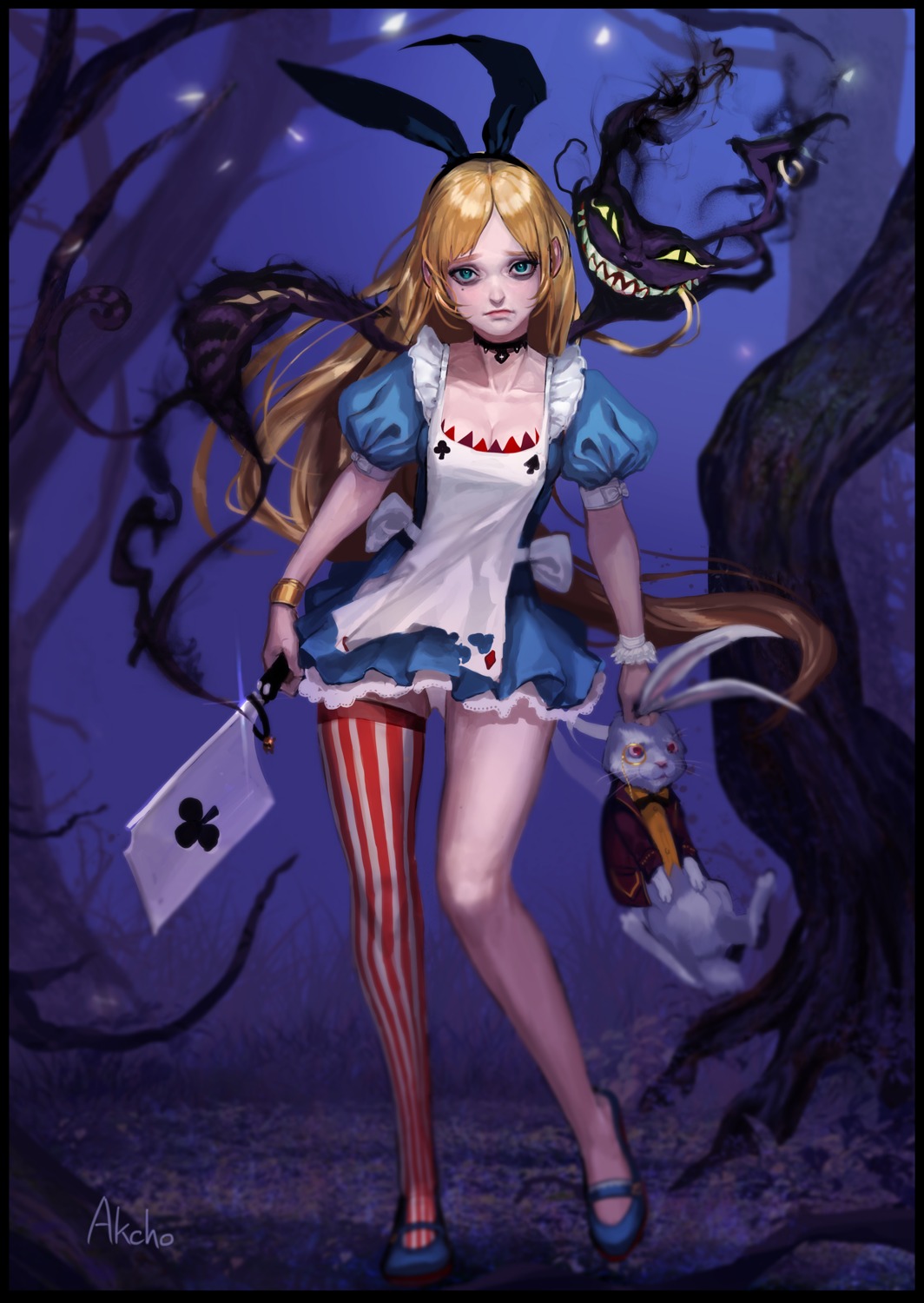 akcho alice alice_in_wonderland cheshire_cat cleavage dress thighhighs weapon white_rabbit