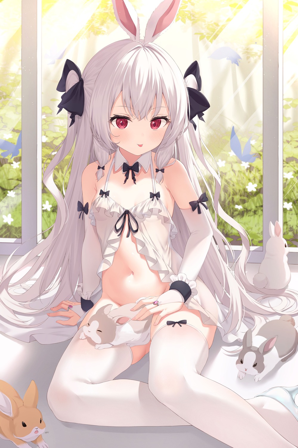 animal_ears bottomless bunny_ears heels jpeg_artifacts lingerie see_through thighhighs xue_lu