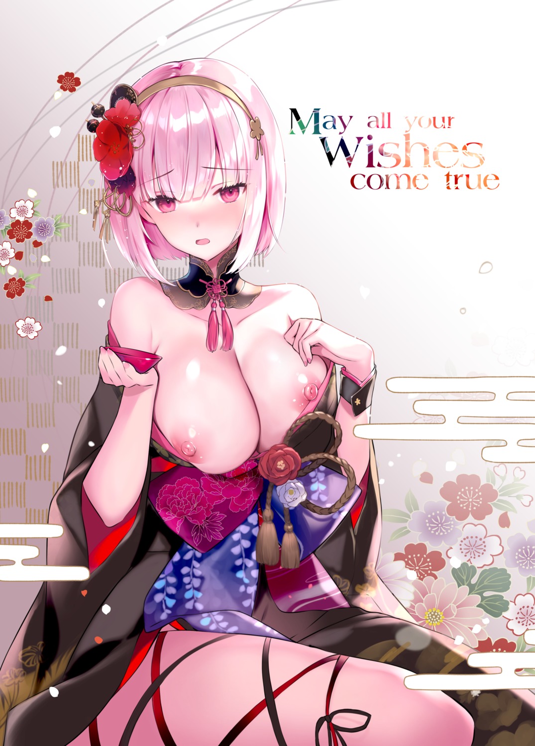 breasts hololive hololive_english kimono mori_calliope nipples no_bra open_shirt rei