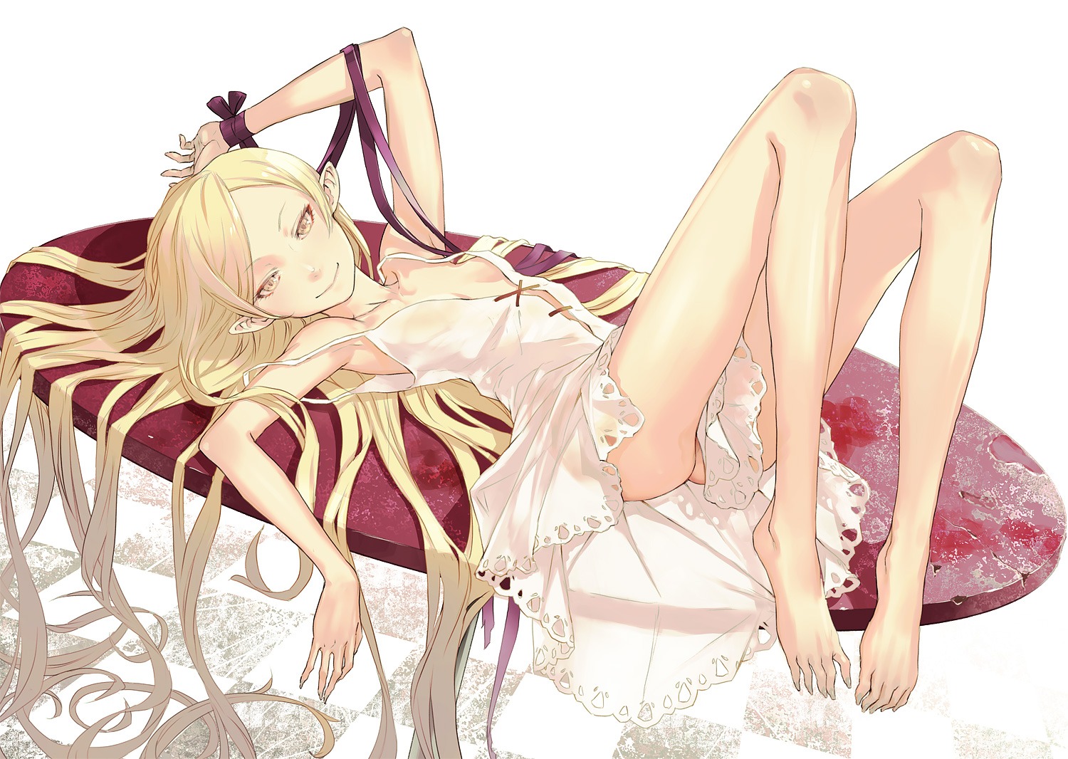 dress feet kizumonogatari loli monogatari_(series) no_bra nopan open_shirt oshino_shinobu pointy_ears redjuice summer_dress