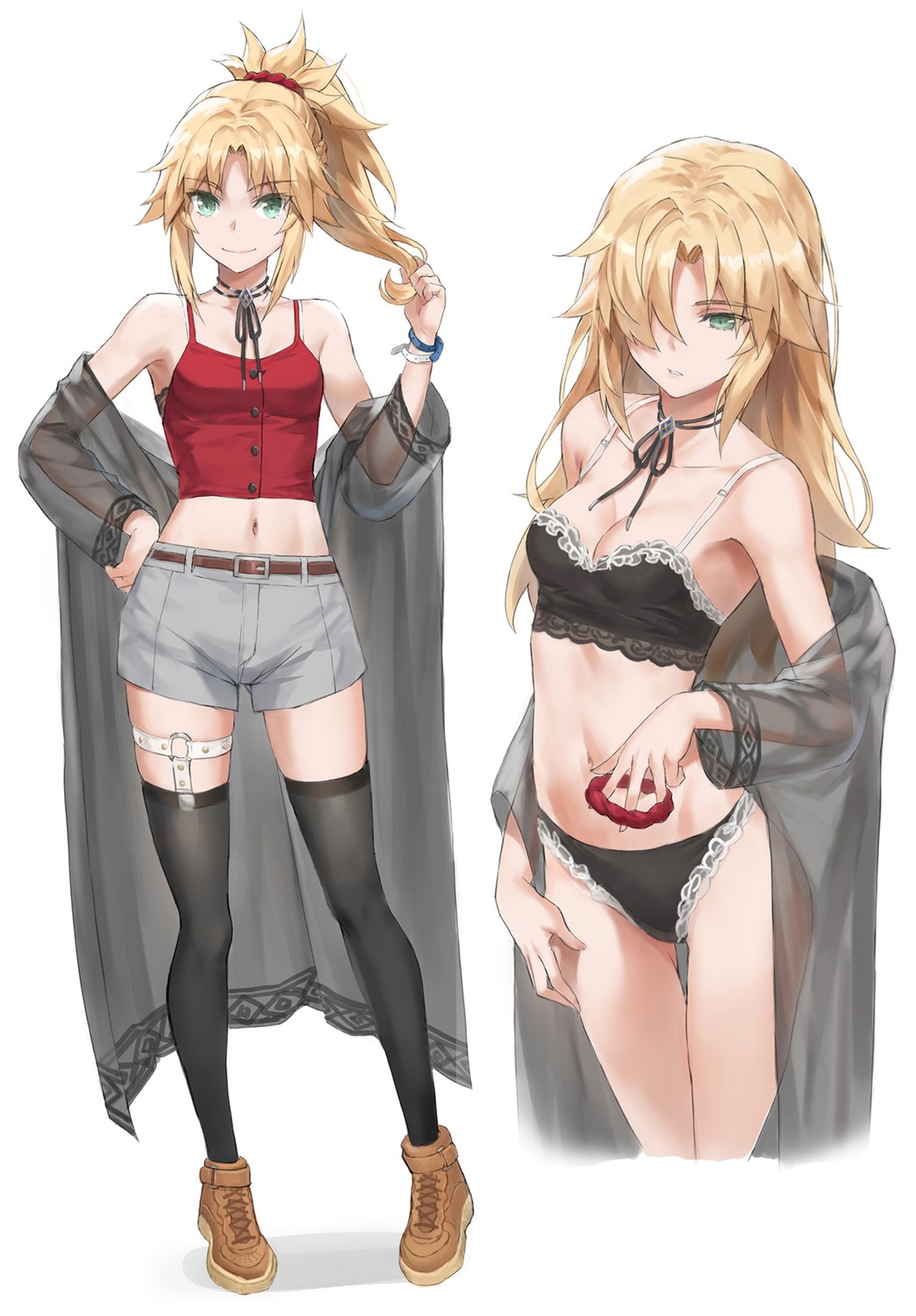 bra fate/grand_order garter mordred_(fate) open_shirt pantsu see_through stockings thighhighs tonee