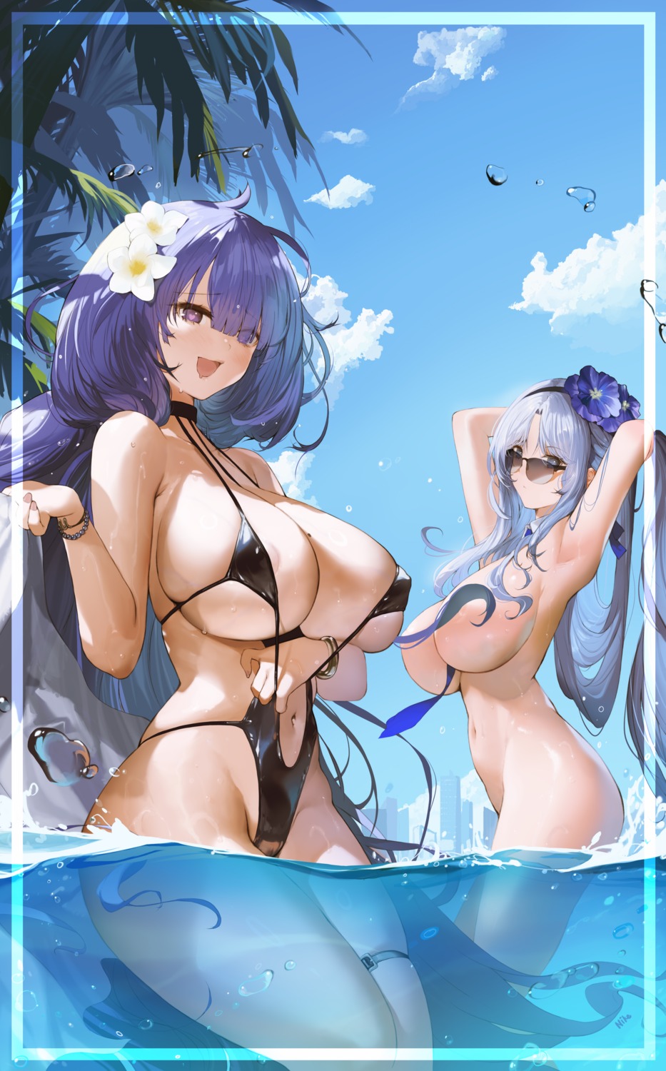 alsace_(azur_lane) areola azur_lane erect_nipples garter megane mogador_(azur_lane) naked nike_(nike1060) pubic_hair swimsuits wet