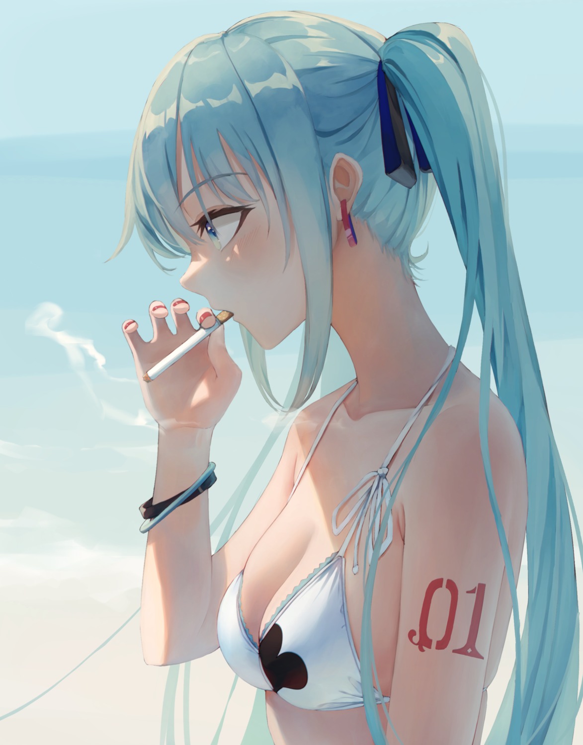 bikini_top hatsune_miku shun'ya_(daisharin36) smoking swimsuits tattoo vocaloid