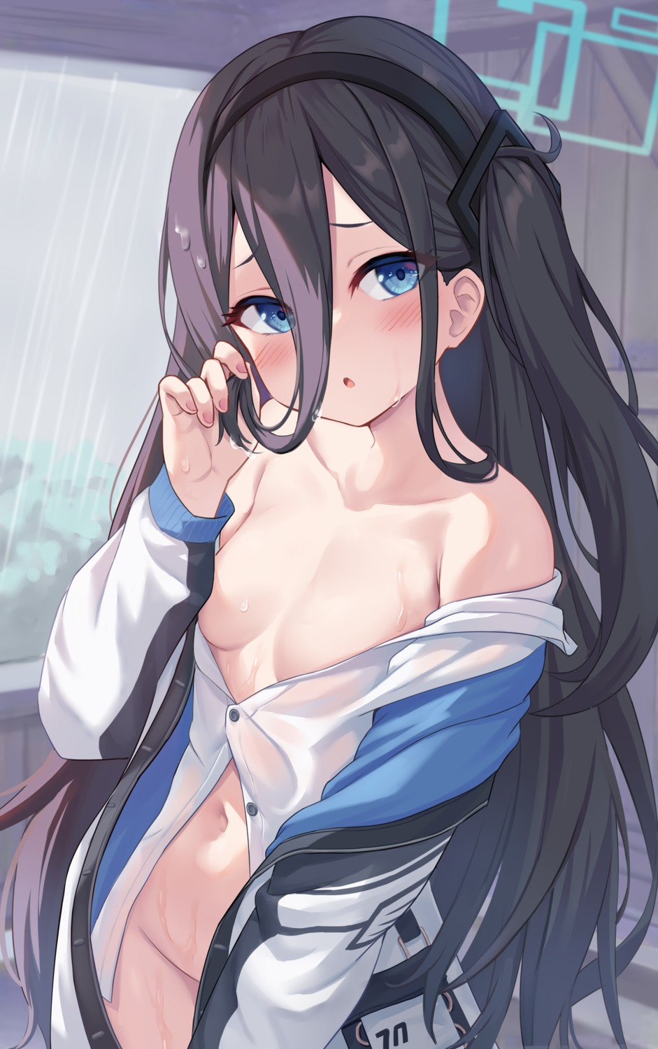 blue_archive bottomless gym_uniform halo loli milkshake_(artist) no_bra open_shirt seifuku tendou_arisu wet wet_clothes