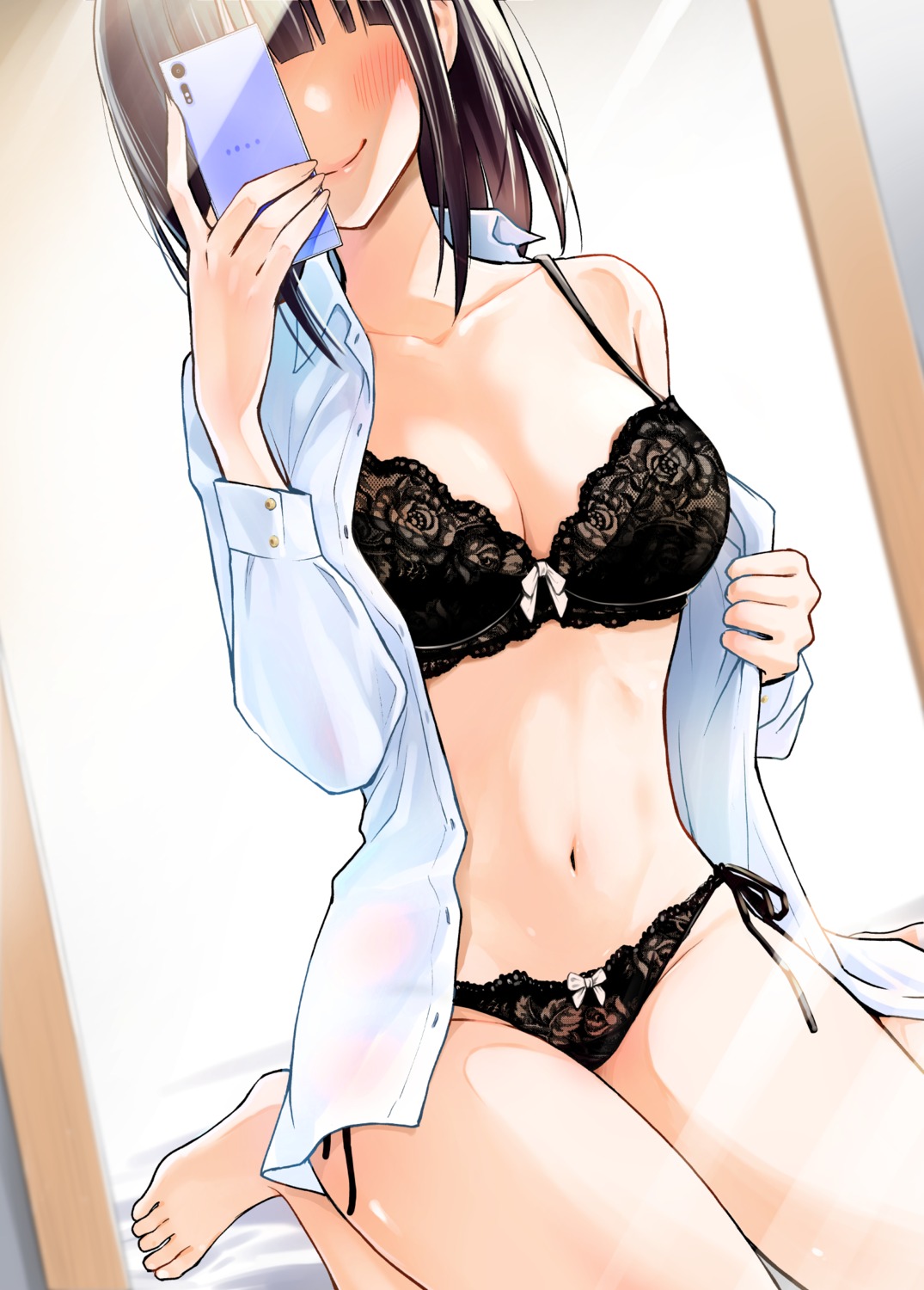 bra cleavage dojirou dress_shirt lingerie open_shirt pantsu see_through selfie string_panties