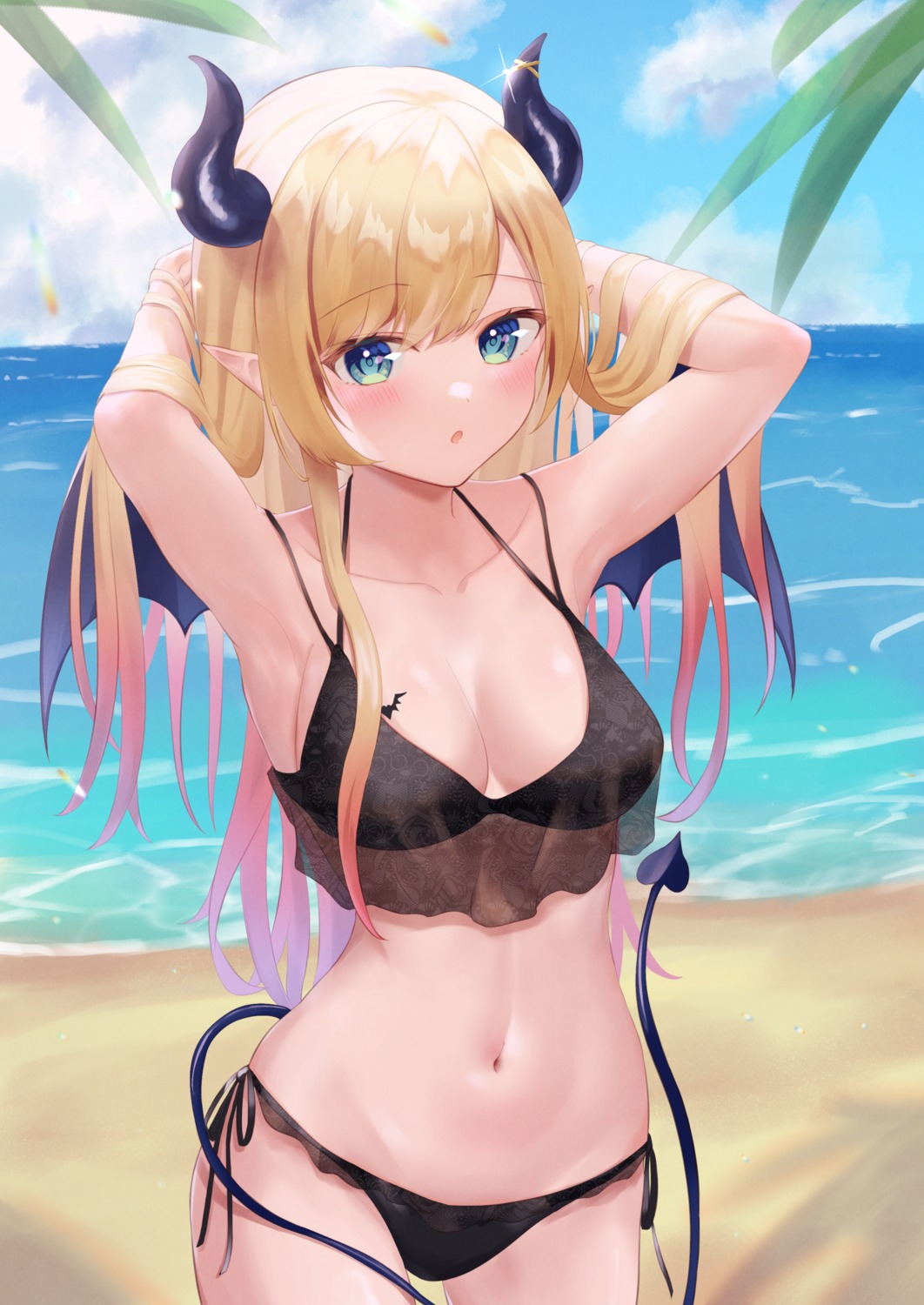 bikini fue_(lars0713) hololive horns pointy_ears see_through swimsuits tail tattoo yuzuki_choco