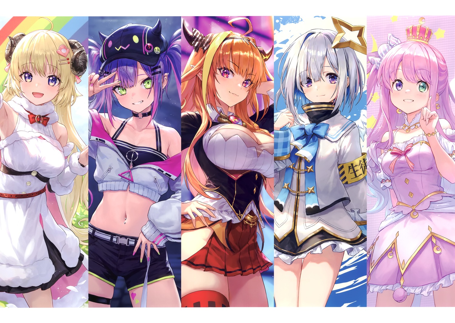 amane_kanata angel garter guchico heterochromia himemori_luna hololive horns kiryuu_coco thighhighs tokoyami_towa tsunomaki_watame wings