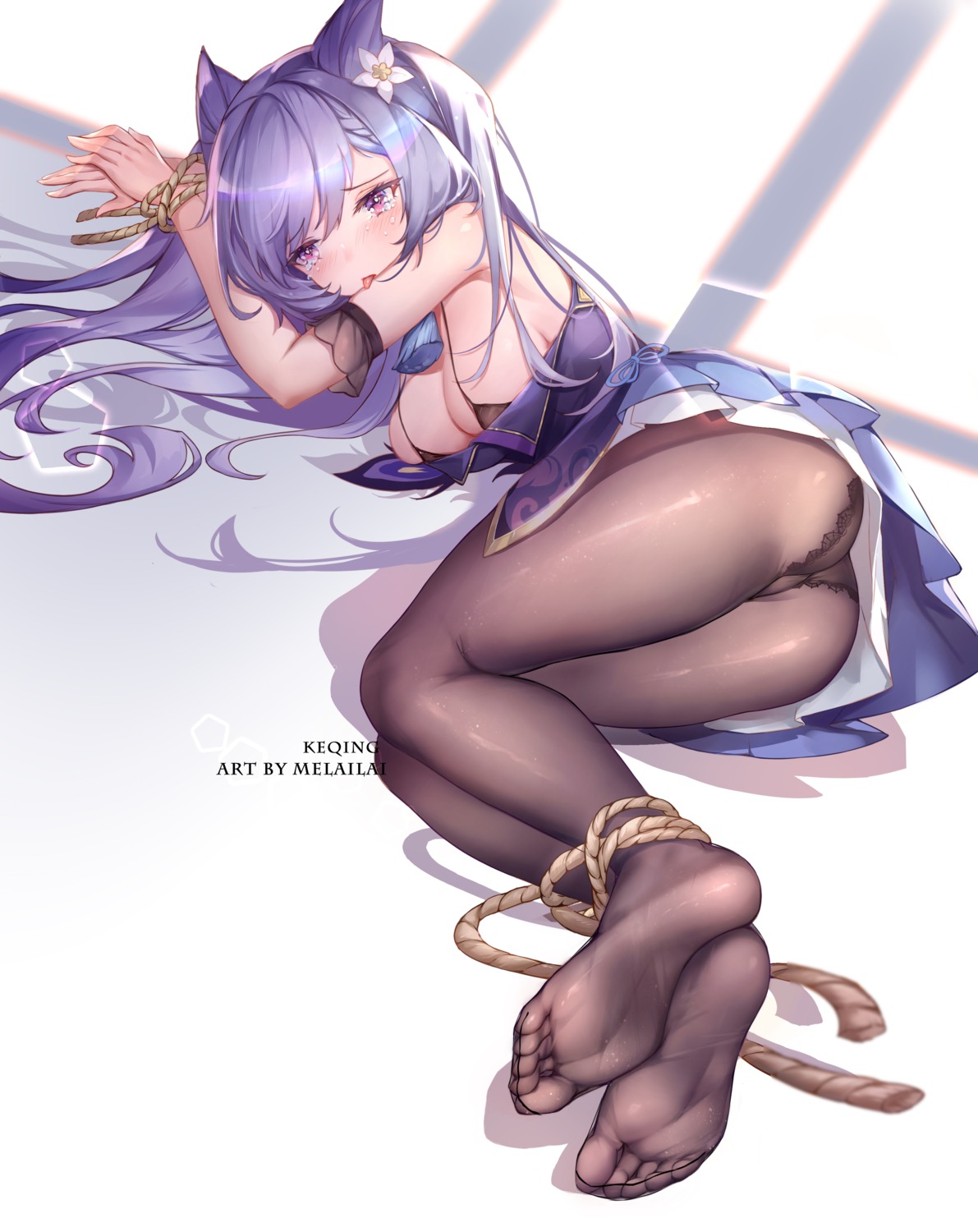 asian_clothes ass bondage bra feet genshin_impact keqing melailai open_shirt pantsu pantyhose skirt_lift