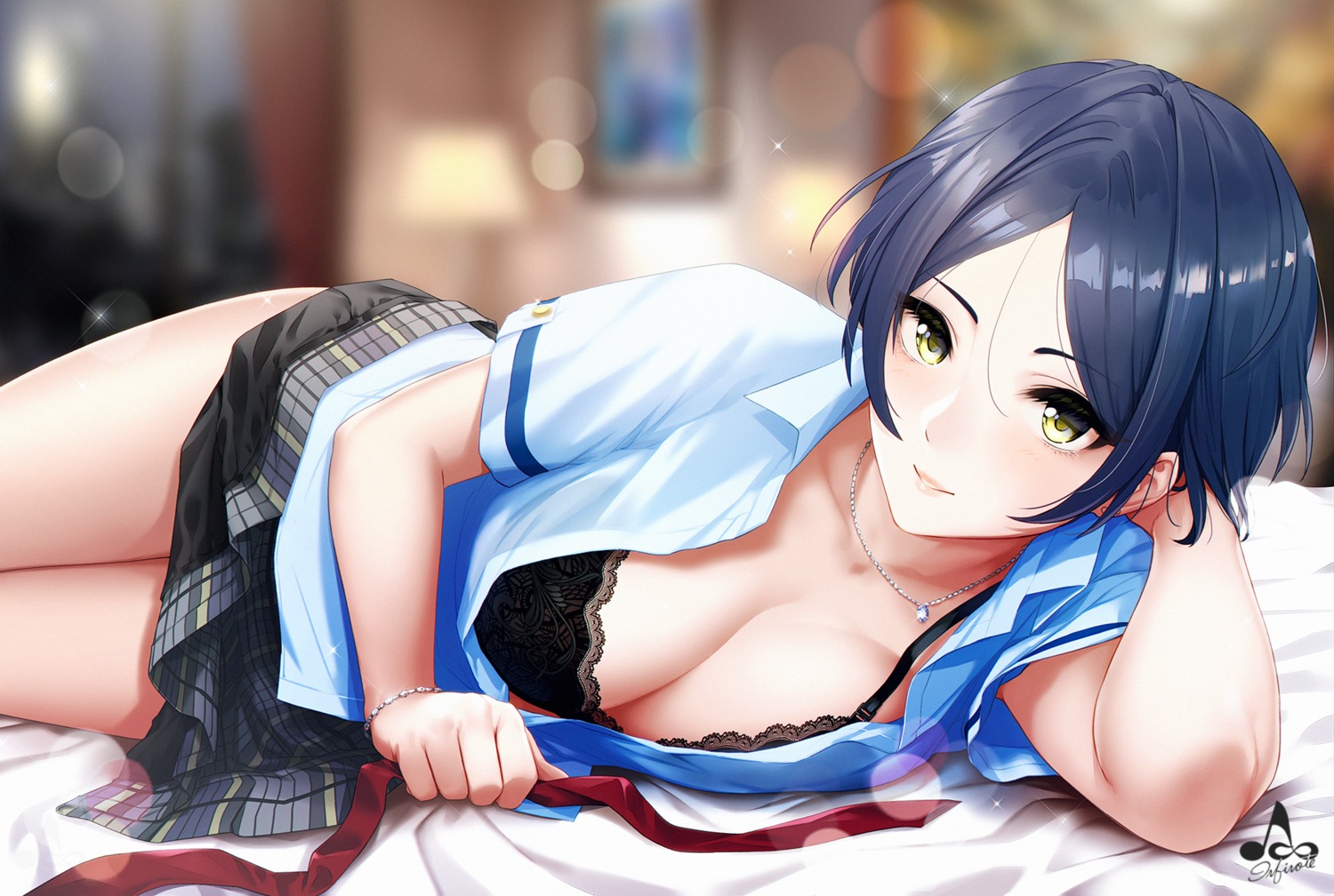 bra cleavage hayami_kanade infinote open_shirt seifuku skirt_lift the_idolm@ster the_idolm@ster_cinderella_girls