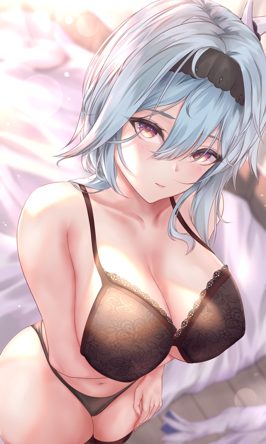 bra breast_hold cleavage eula genshin_impact pantsu thighhighs zynxy