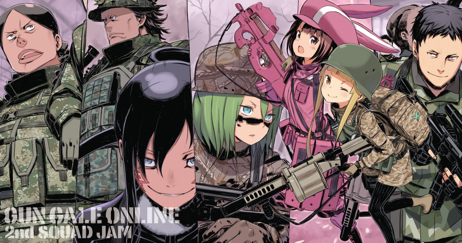 asougi_goushi bodysuit fukaziroh gun kanzaki_elsa kohiruimaki_karen kuroboshi_kouhaku llenn m pantyhose pitohui shinohara_miyu sword_art_online_alternative:_gun_gale_online tattoo uniform