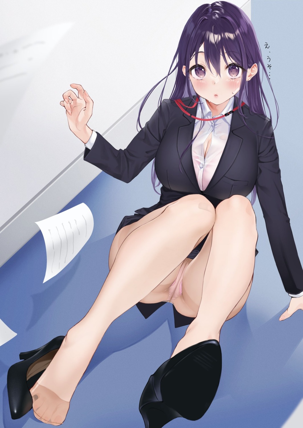 bra business_suit cleavage feet heels mugika pantsu pantyhose see_through skirt_lift