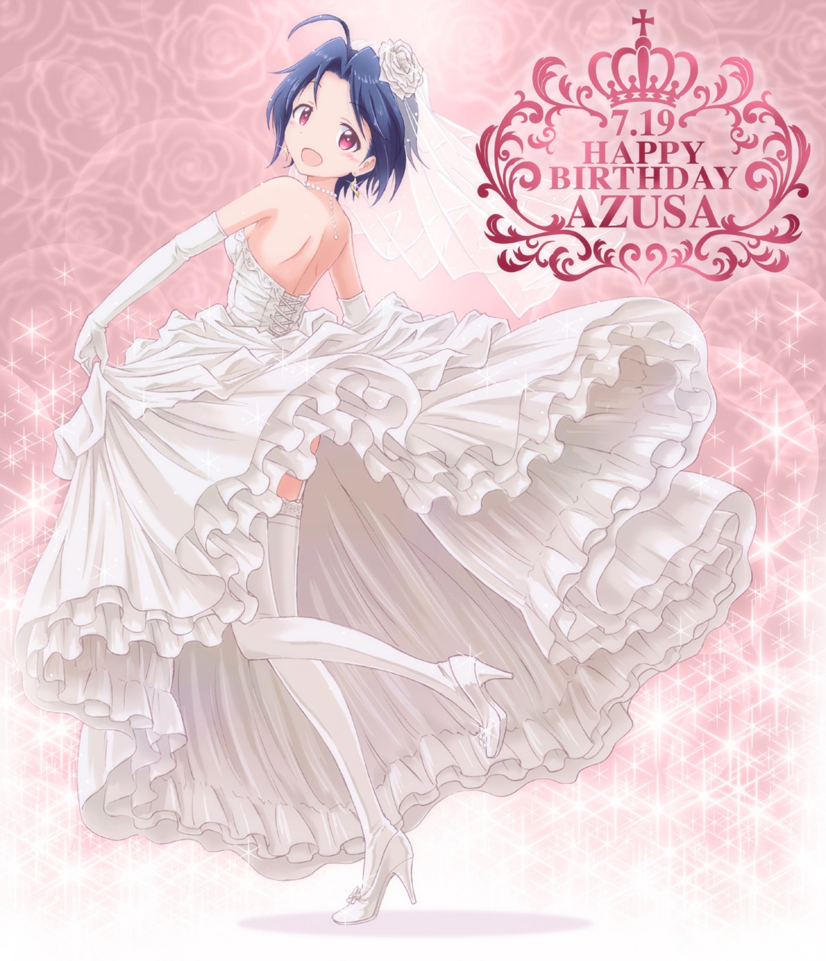 dress heels miura_azusa no_bra outsider_0 skirt_lift stockings the_idolm@ster thighhighs wedding_dress