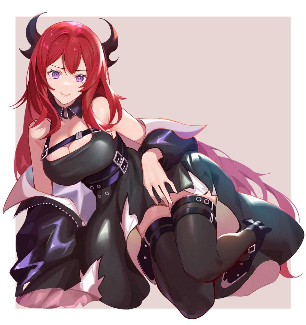 arknights cleavage dress garter henz horns surtr_(arknights) thighhighs