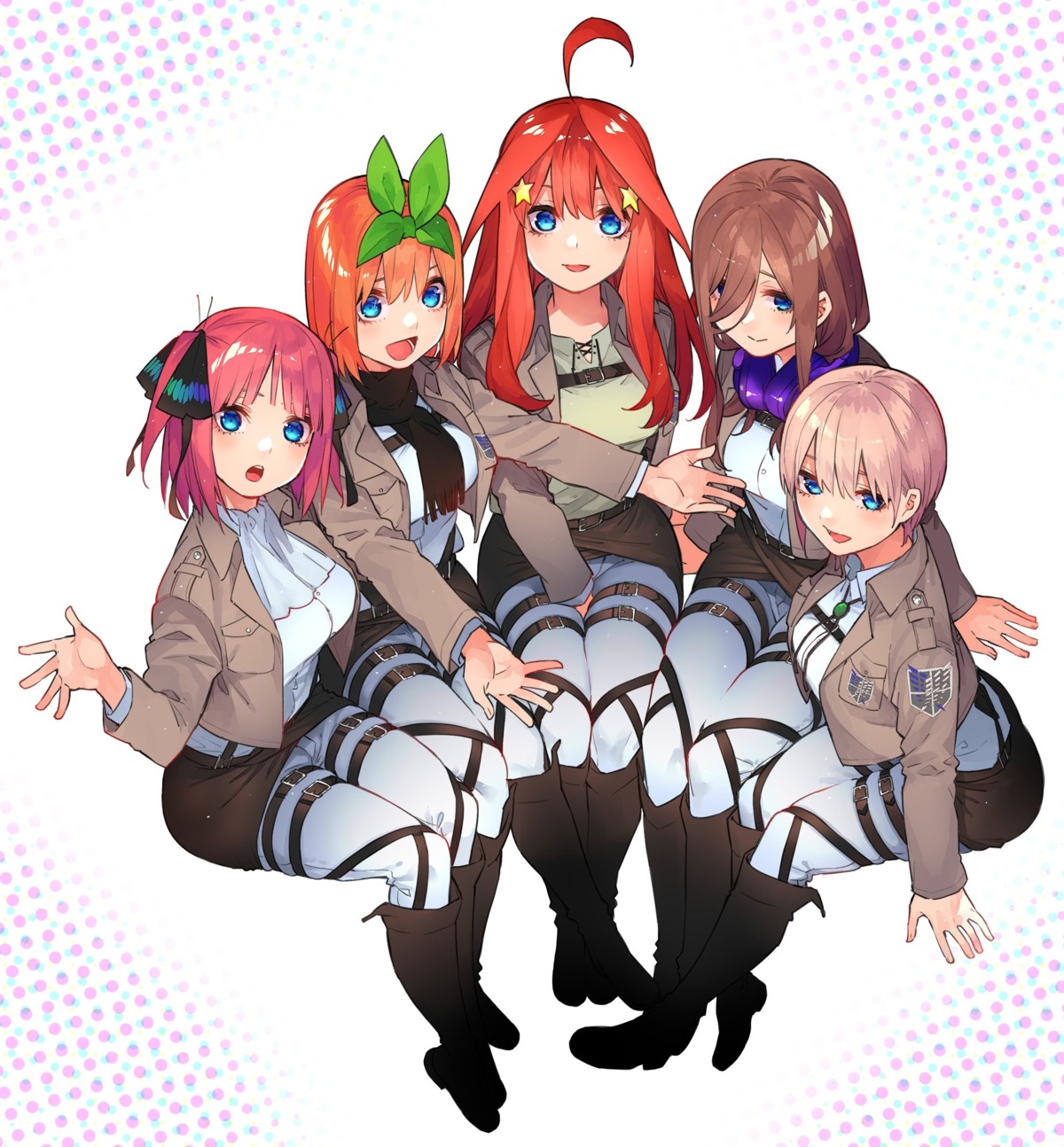 5-toubun_no_hanayome cosplay haruba_negi headphones nakano_ichika nakano_itsuki nakano_miku nakano_nino nakano_yotsuba shingeki_no_kyojin uniform