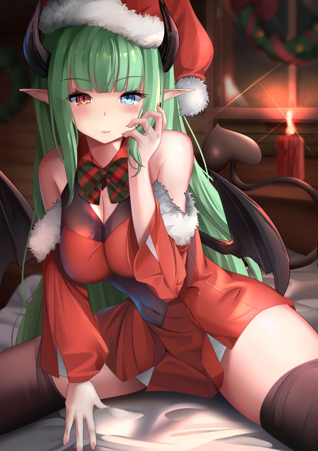 christmas dress heterochromia horns onasuba pointy_ears tail thighhighs wings