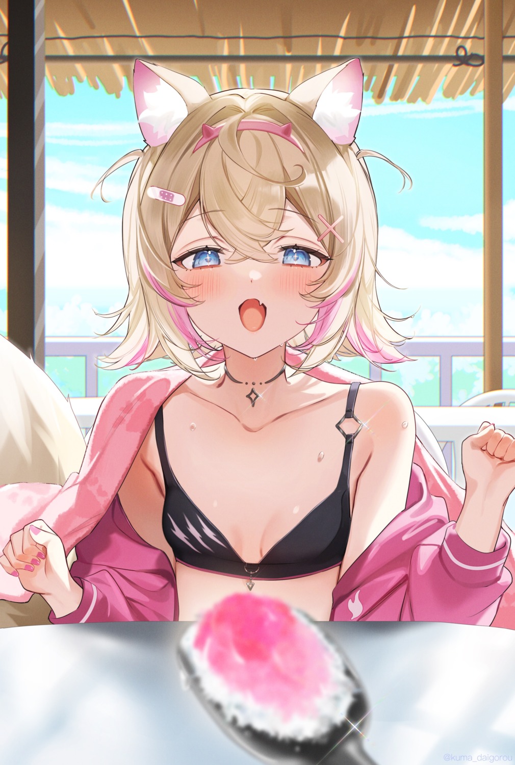 animal_ears bandaid bikini_top hololive hololive_english inumimi kuma_daigorou mococo_abyssgard open_shirt swimsuits tail towel