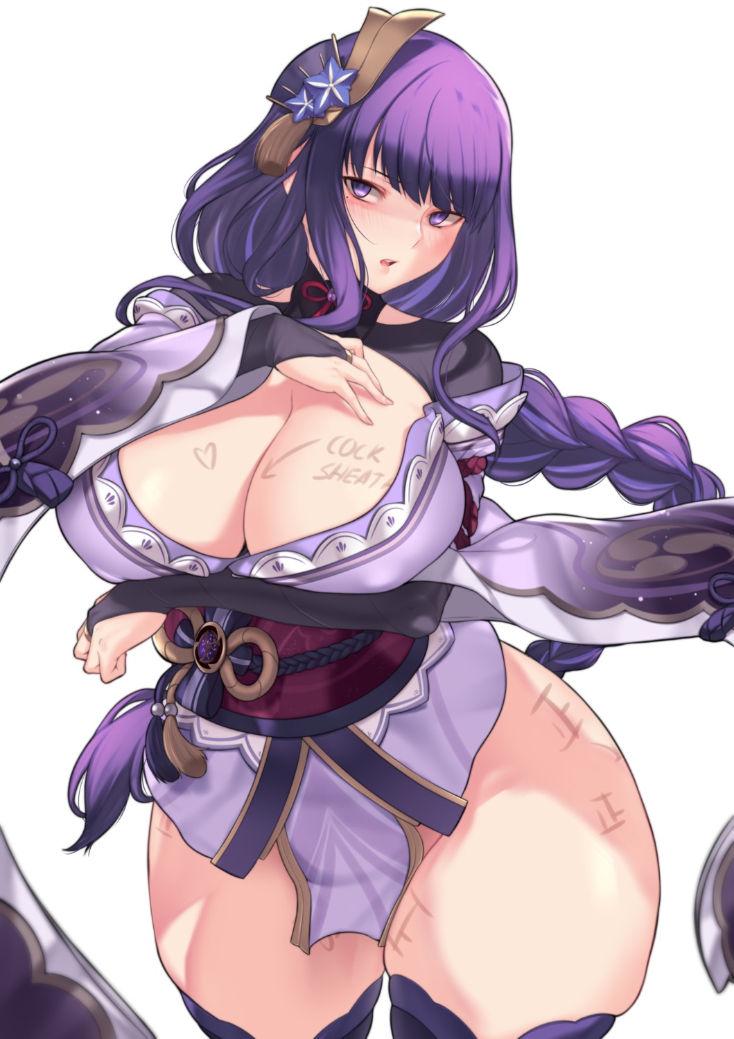 aster_crowley genshin_impact japanese_clothes no_bra open_shirt raiden_shogun thighhighs