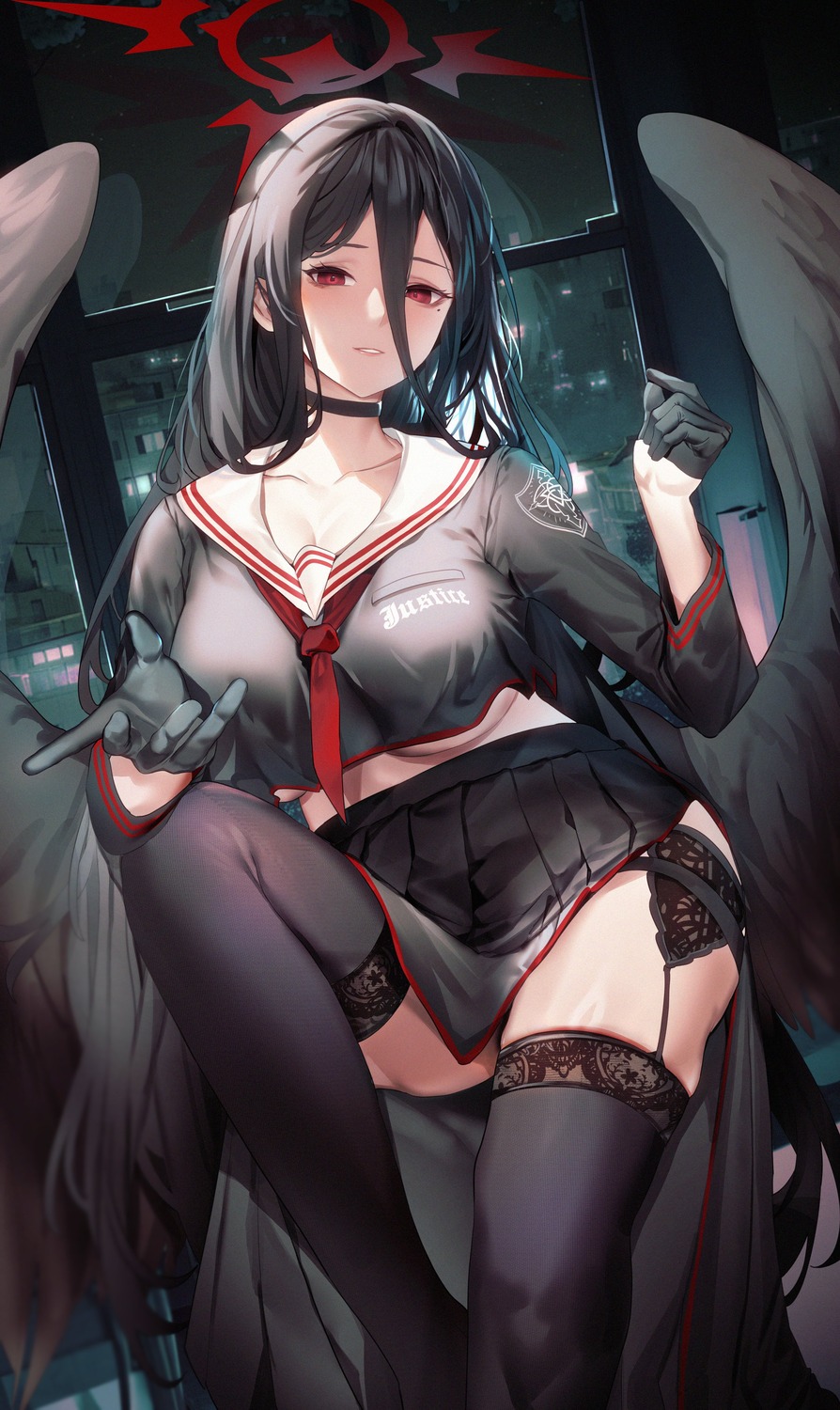 angel blue_archive hanekawa_hasumi joboe no_bra seifuku stockings thighhighs wings