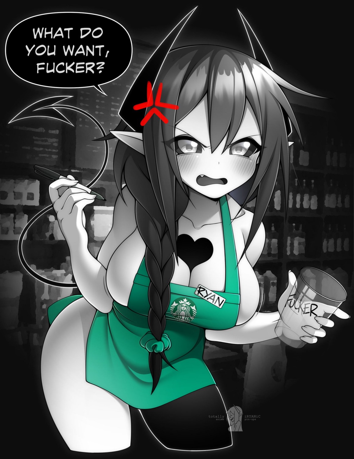 devil horns iryanic naked_apron pointy_ears tail