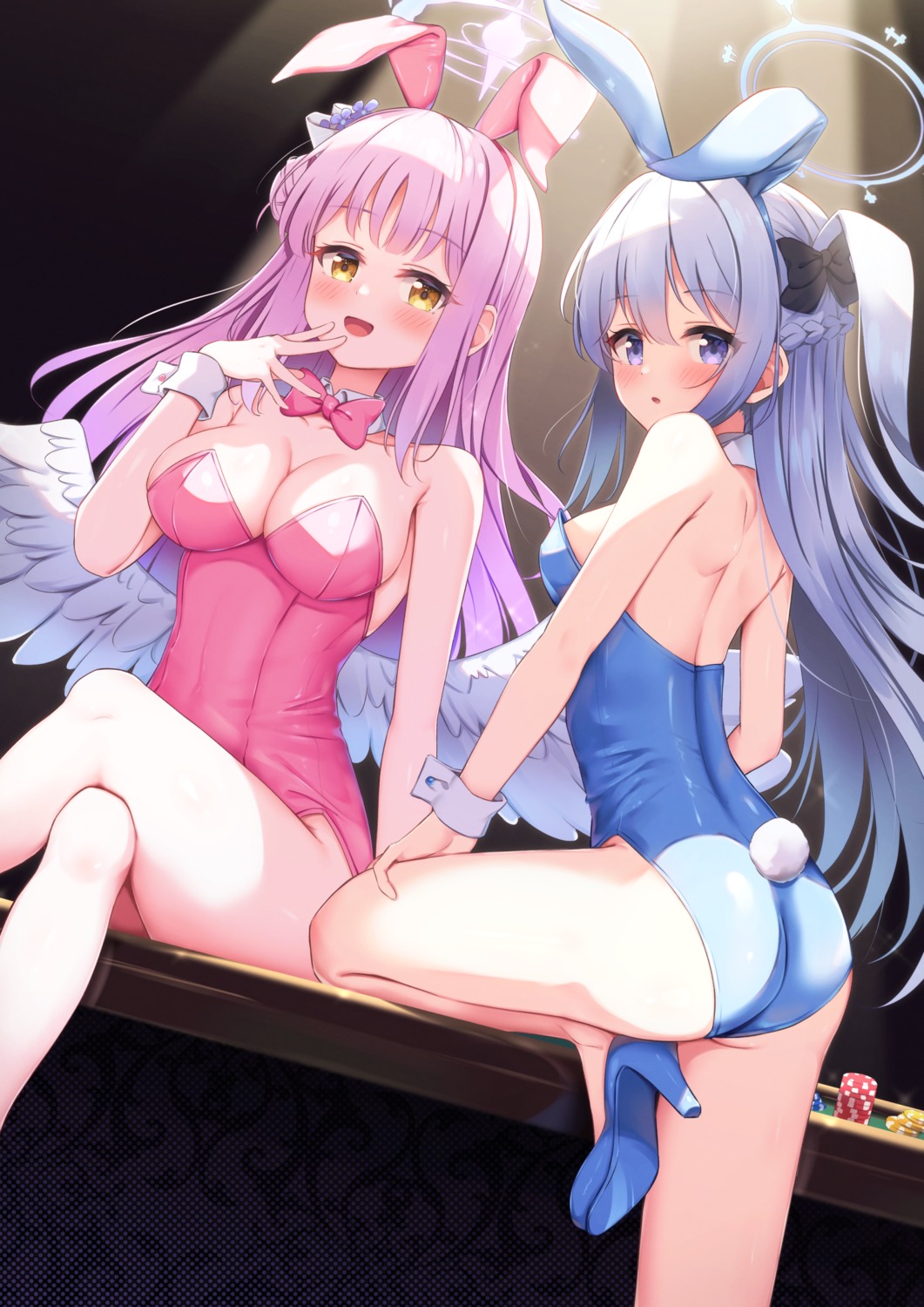 angel animal_ears ass blue_archive bunny_ears bunny_girl heels miso_(misomiso_154) misono_mika no_bra tail tsukiyuki_miyako wings