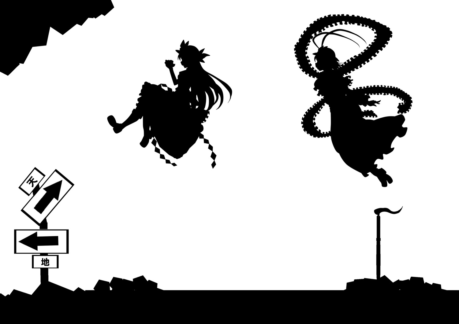 hinanawi_tenshi kitazinger monochrome nagae_iku silhouette touhou