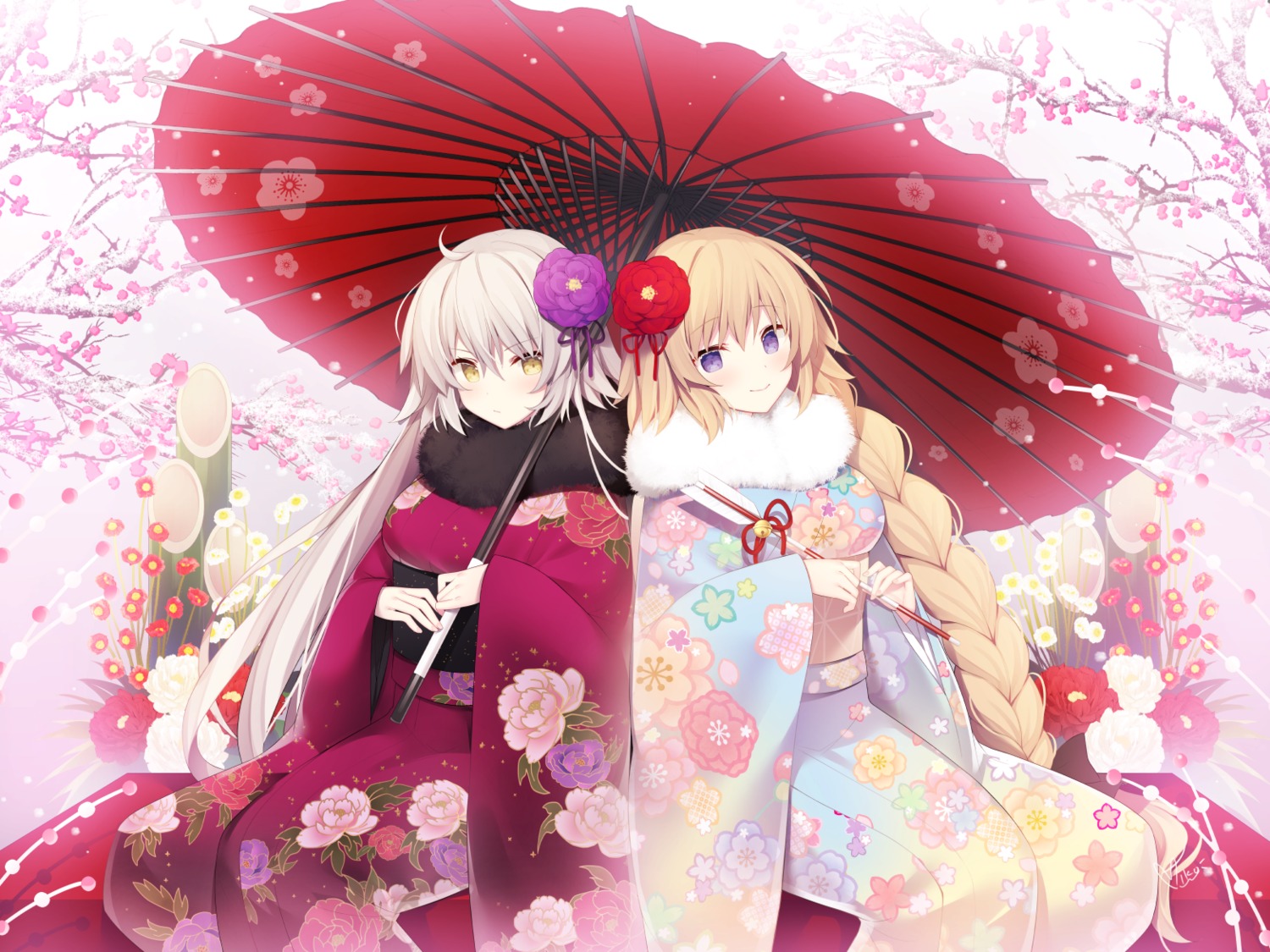 fate/grand_order jeanne_d'arc jeanne_d'arc_(alter)_(fate) jeanne_d'arc_(fate) kimono miko_92 umbrella