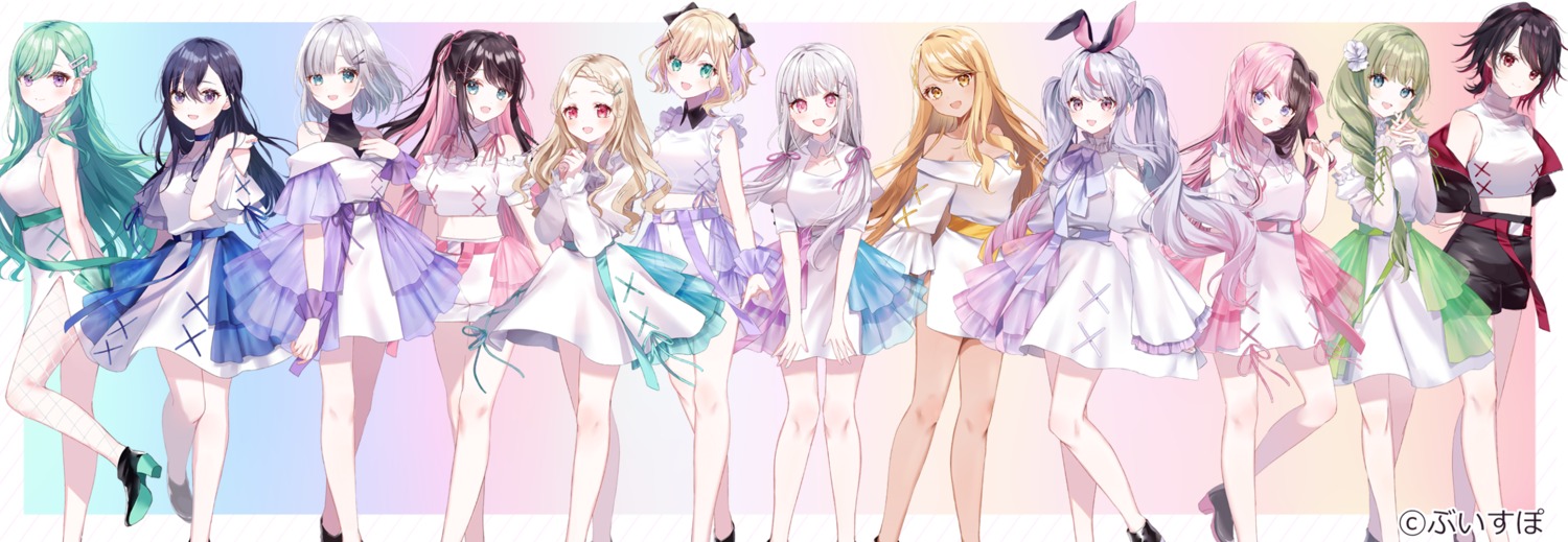 animal_ears asumi_sena bunny_ears cattleya_regina_games crossover hanabusa_lisa heels ichinose_uruha iris_black_games kaga_nazuna kaga_sumire kaminari_qpi kisaragi_ren kogara_toto kurumi_noah lupinus_virtual_games misumi_(macaroni) tachibana_hinano tosaki_mimi uniform vspo! yakumo_beni