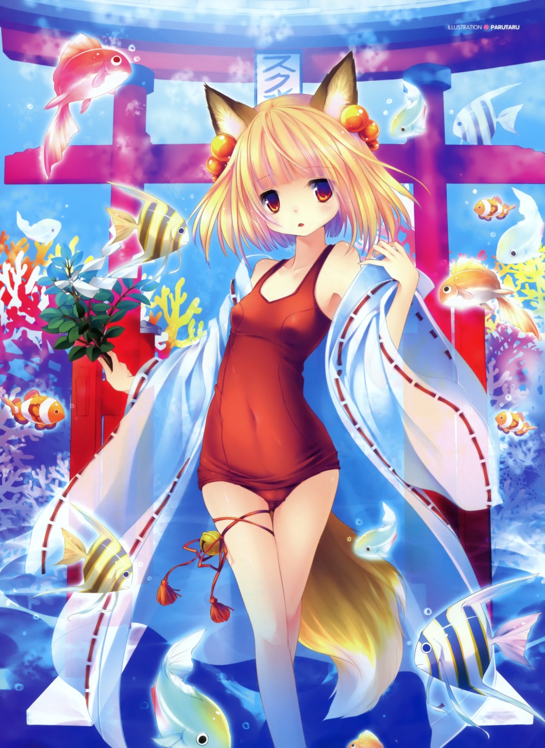 animal_ears cameltoe open_shirt parutaru school_swimsuit swimsuits tail