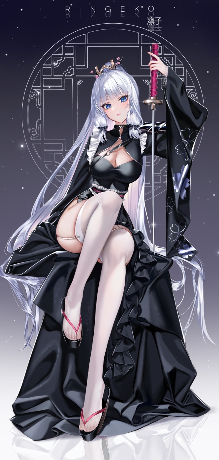 cleavage genshin_impact japanese_clothes kamisato_ayaka ringeko-chan stockings sword thighhighs