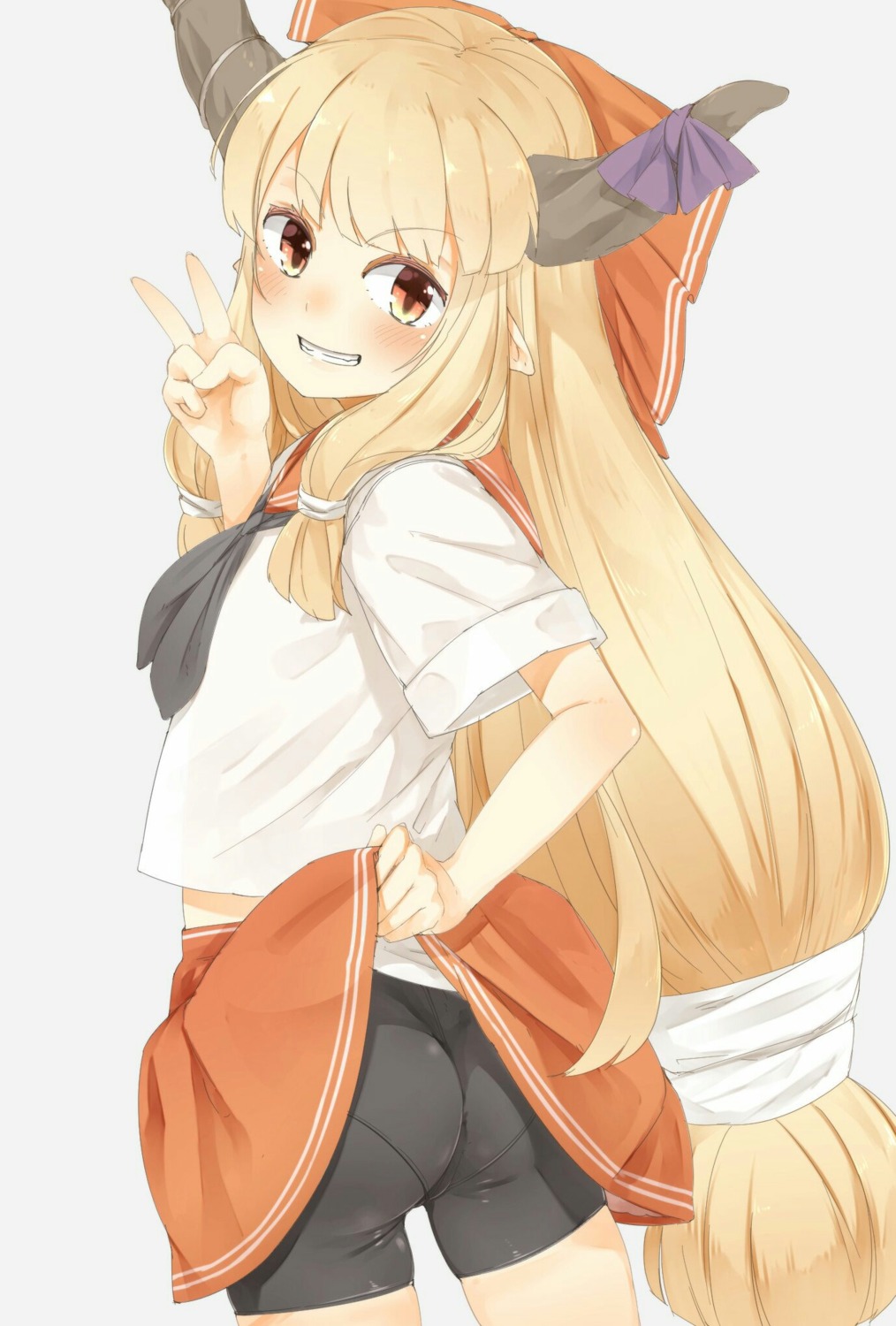 ass bike_shorts horns ibuki_suika nishiuri pointy_ears seifuku skirt_lift touhou