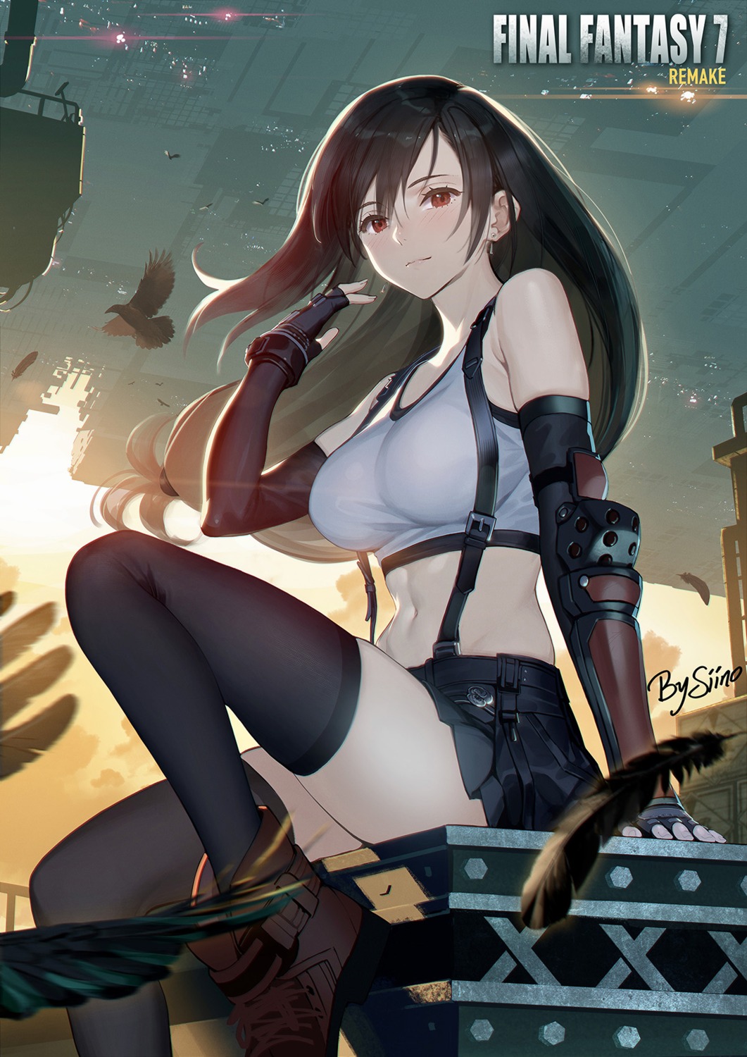 armor final_fantasy final_fantasy_vii siino skirt_lift thighhighs tifa_lockhart