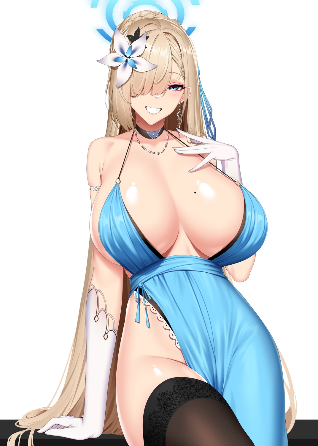 blue_archive chixiao dress halo ichinose_asuna no_bra nopan thighhighs