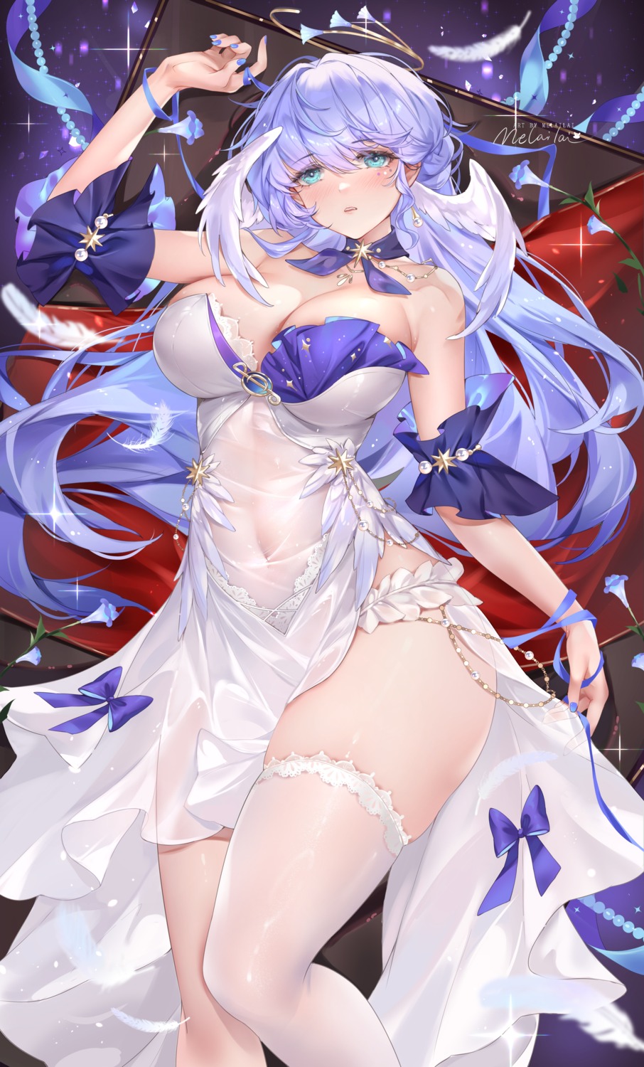 dress halo honkai:_star_rail melailai no_bra robin see_through thighhighs wings