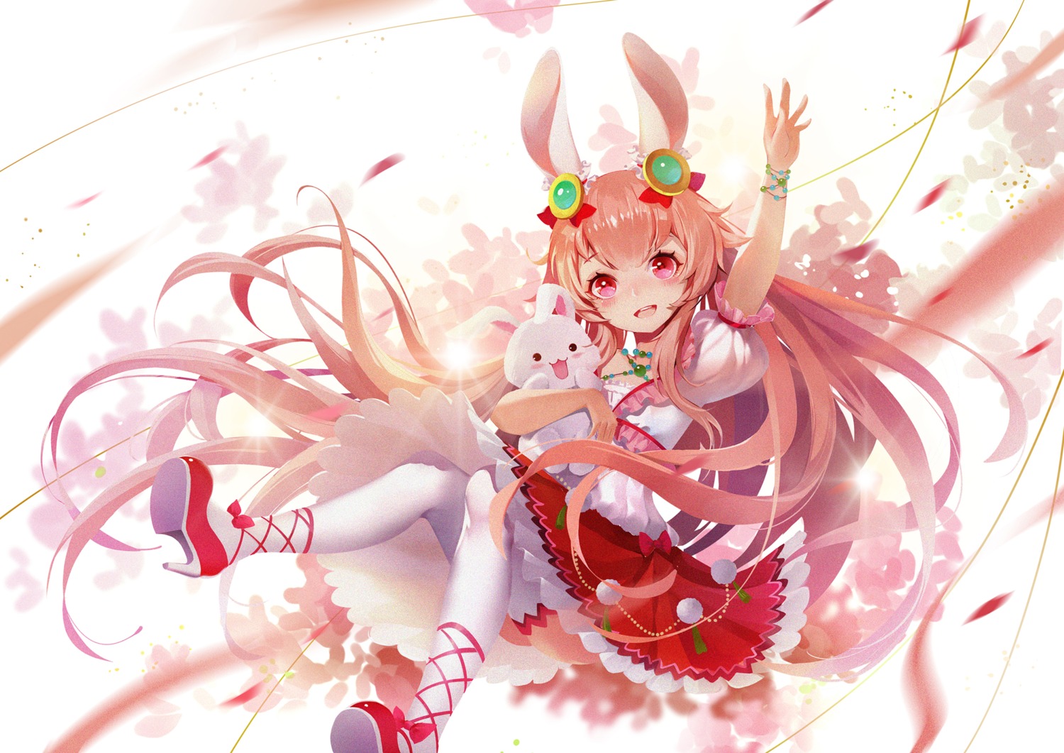 animal_ears aura_kingdom breast_hold bunny_ears dress heels sh_tang skirt_lift thighhighs